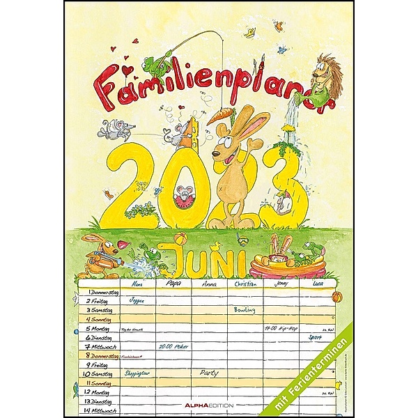 Familienplaner Cartoon 2023 - Bildkalender 23,7x34 cm - 6 Spalten - Kalender mit Platz für Notizen - mit vielen Zusatzin
