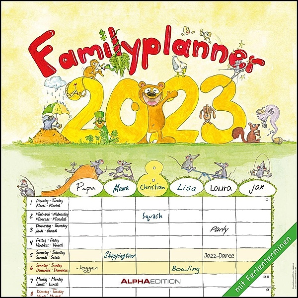 Familienplaner Cartoon 2023 - Broschürenkalender 30x30 cm (30x60 geöffnet) - Kalender mit Platz für Notizen - 6 Spalten
