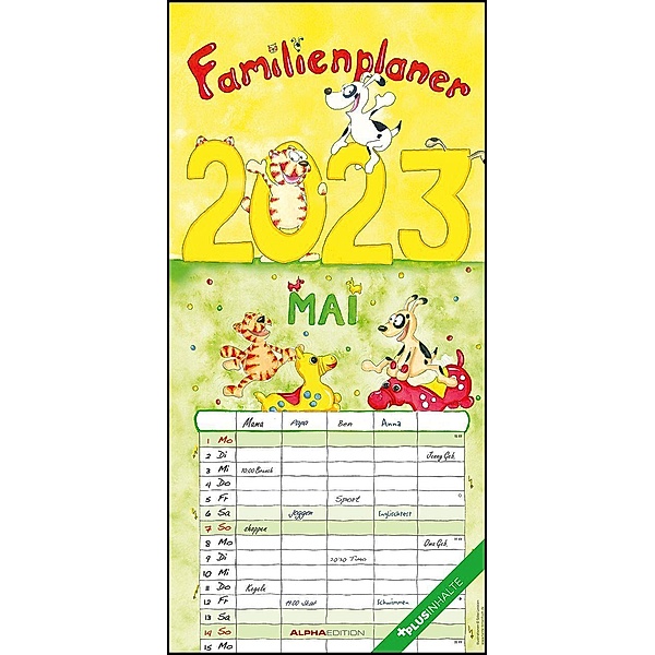 Familienplaner Cartoon 2023 - Familien-Timer 22x45 cm - mit Ferienterminen - 5 Spalten - Wand-Planer - mit vielen Zusatz