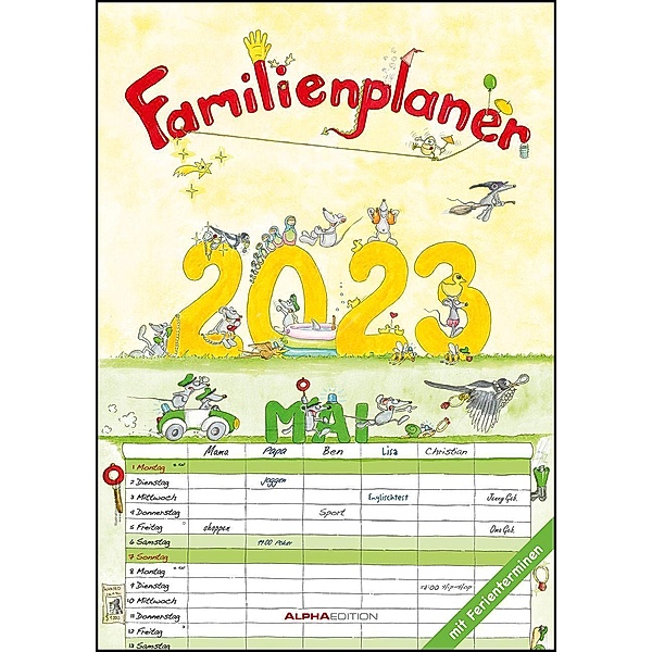 Familienplaner Cartoon 2023 - Familienkalender A3 (29,7x42 cm) - mit 6 Spalten, Ferienterminen (DE/AT/CH) und viel Platz