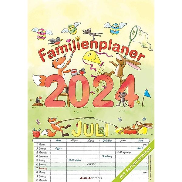 Familienplaner Cartoon 2024 - Bildkalender 23,7x34 cm - 6 Spalten - Kalender mit Platz für Notizen - mit vielen Zusatzinformationen - Wandkalender