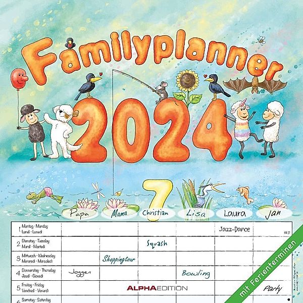 Familienplaner Cartoon 2024 - Broschürenkalender 30x30 cm (30x60 geöffnet) - Kalender mit Platz für Notizen - 6 Spalten - Bildkalender - Wandkalender