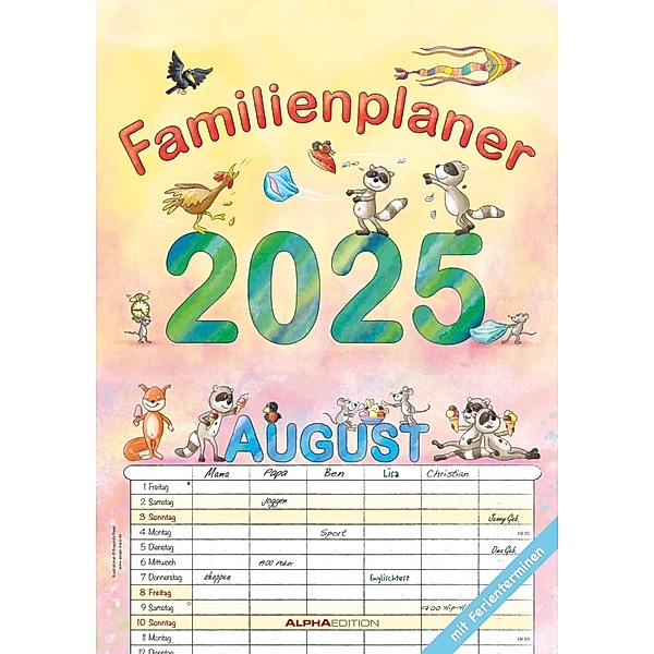 Familienplaner Cartoon 2025 - Familienkalender A3 (29,7x42 cm) - mit 6 Spalten, Ferienterminen (DE/AT/CH) und viel Platz für Notizen - Wandkalender
