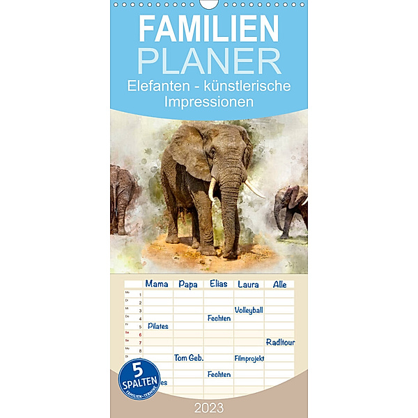 Familienplaner Elefanten - künstlerische Impressionen der grössten noch lebenden Landtiere (Wandkalender 2023 , 21 cm x 45 cm, hoch), Peter Roder