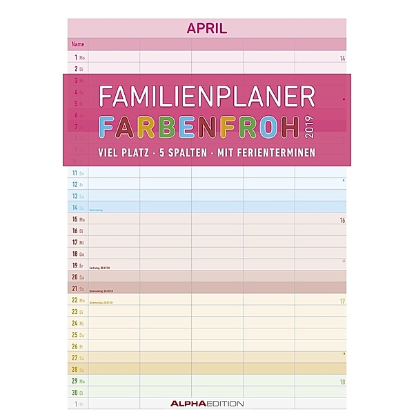 Familienplaner Farbenfroh 2019 - Bildkalender, ALPHA EDITION