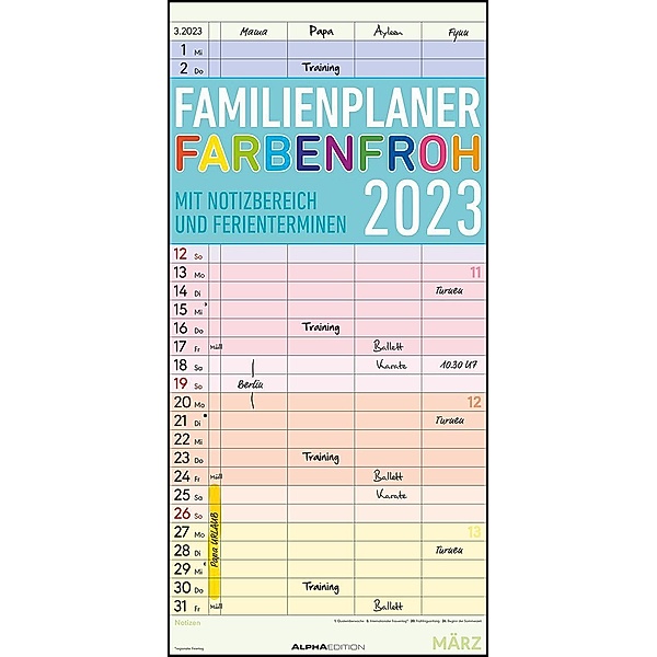 Familienplaner Farbenfroh 2023 mit 4 Spalten - Familien-Timer 22x45 cm - Offset-Papier - mit Ferienterminen - Wand-Plane