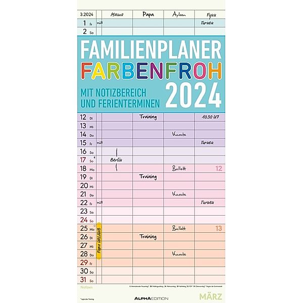 Familienplaner Farbenfroh 2024 mit 4 Spalten - Familien-Timer 22x45 cm - Offset-Papier - mit Ferienterminen - Wand-Planer - Familienkalender - Alpha Edition