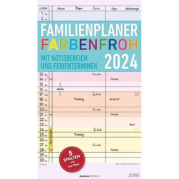 Familienplaner Farbenfroh 2024 mit 5 Spalten - Familienkalender 26x45 cm - Offset-Papier - mit Ferienterminen - Wandkalender - Wandplaner