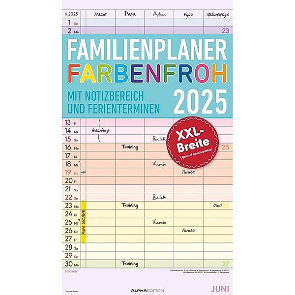 Familienplaner Farbenfroh 2025 mit 5 Spalten - Familienkalender 26x45 cm - Offset-Papier - mit Ferienterminen - Wandkalender - Wandplaner