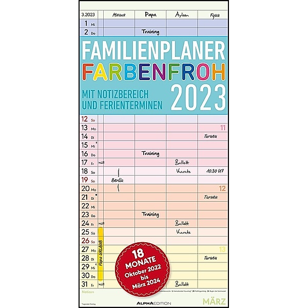Familienplaner Farbenfroh mit 4 Spalten für 18 Monate 2023 - Familien-Timer 22x45 cm - Offset-Papier - mit Ferientermine
