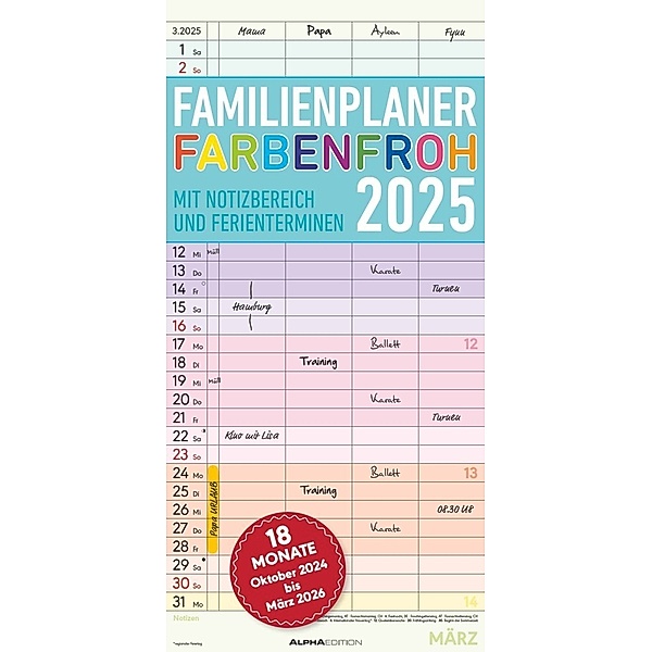 Familienplaner Farbenfroh mit 4 Spalten für 18 Monate 2025 - Familien-Timer 22x45 cm - Offset-Papier - mit Ferienterminen - Wand-Planer - Alpha Edition