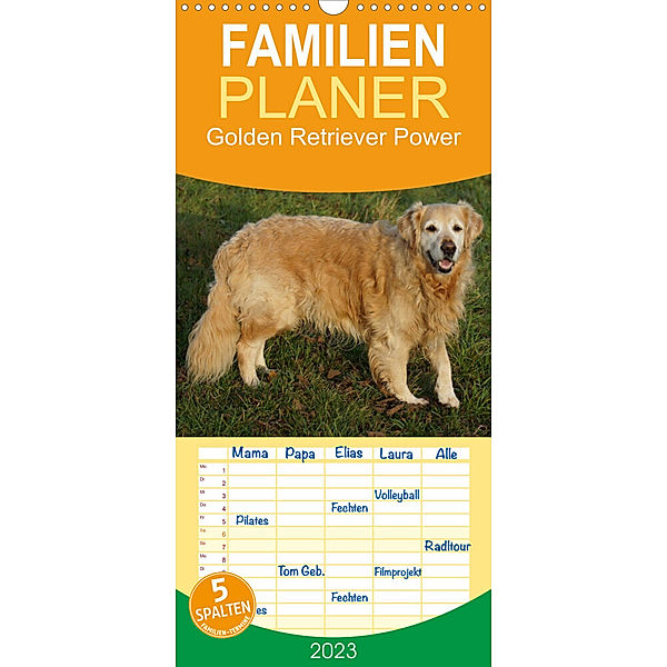 Familienplaner Golden Retriever Power (Wandkalender 2023 , 21 cm x 45 cm, hoch), Kattobello