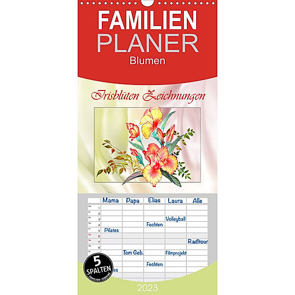 Familienplaner Irisblüten Zeichnungen (Wandkalender 2023 , 21 cm x 45 cm, hoch), Dusanka Djeric