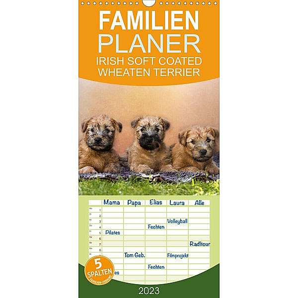 Familienplaner IRISH SOFT COATED WHEATEN TERRIER (Wandkalender 2023 , 21 cm x 45 cm, hoch), Annett Mirsberger  www.tierpfoto.de