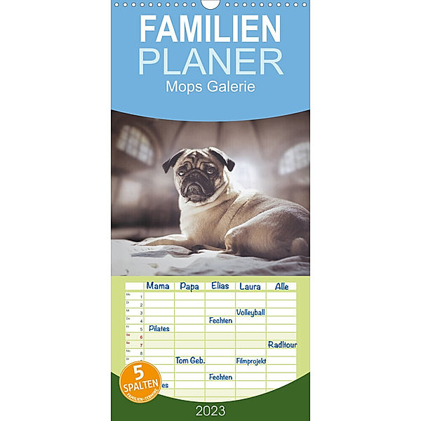 Familienplaner Mops Galerie (Wandkalender 2023 , 21 cm x 45 cm, hoch), Mops Galerie