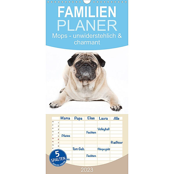 Familienplaner Mops - unwiderstehlich und charmant (Wandkalender 2023 , 21 cm x 45 cm, hoch), Fotodesign Verena Scholze