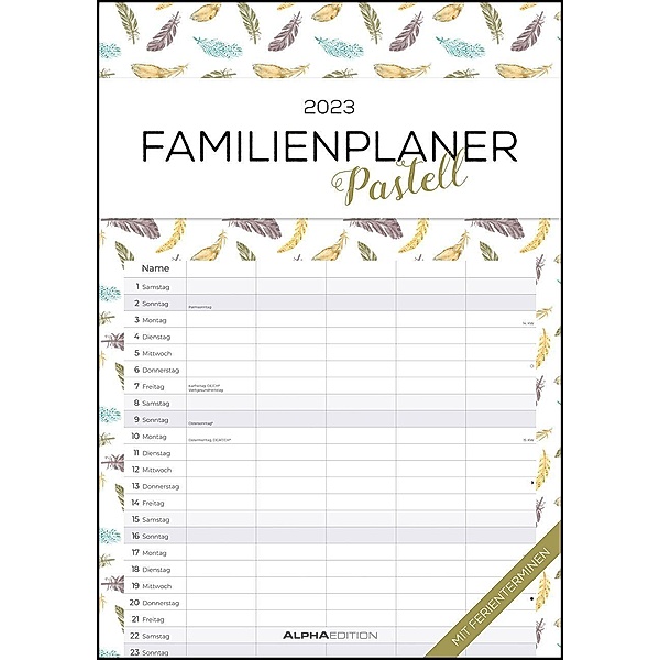 Familienplaner Pastell 2023 - Familienkalender A3 (29,7x42 cm) - mit 5 Spalten, Ferienterminen (DE/AT/CH) und viel Platz