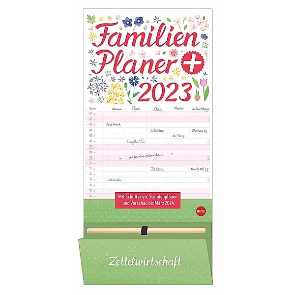 Familienplaner plus Tasche 2023. Familienkalender mit 5 Spalten. Familien-Wandkalender mit Schulferien. Grosser Wandplane