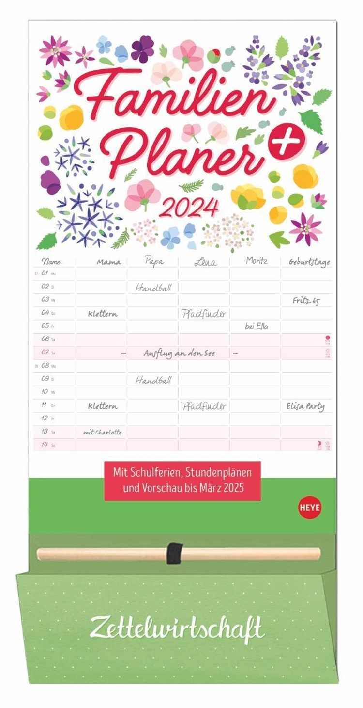 Familienplaner plus Tasche 2024. Familienkalender mit 5 Spalten.  Familien-Wandkalender mit Schulferien. Praktischer Wand - Kalender bestellen