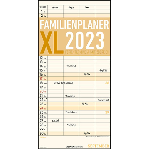 Familienplaner XL 2023 mit 4 Spalten - Familien-Timer 22x45 cm - Offset-Papier - mit Ferienterminen - Wand-Planer - Fami