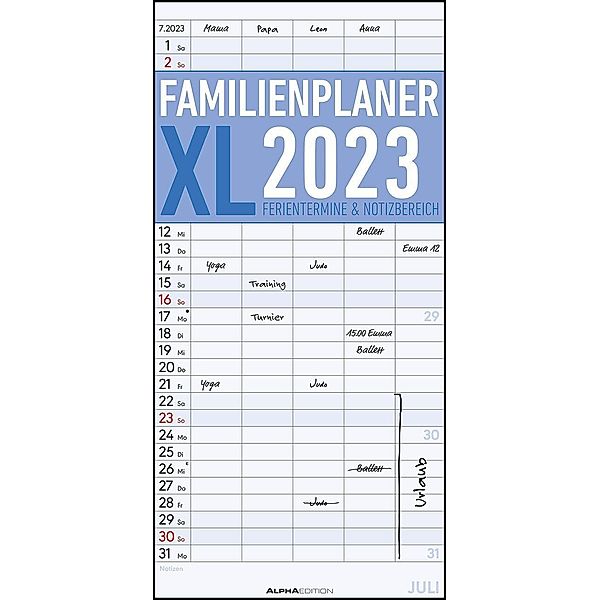 Familienplaner XL 2023 mit 5 Spalten - Familien-Timer 22x45 cm - Offset-Papier - mit Ferienterminen - Wand-Planer - Fami