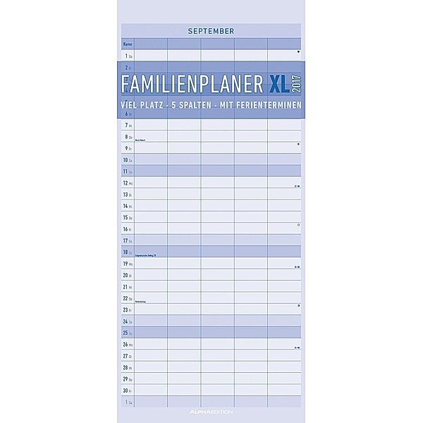 Familienplaner XL mit 5 Spalten 2017