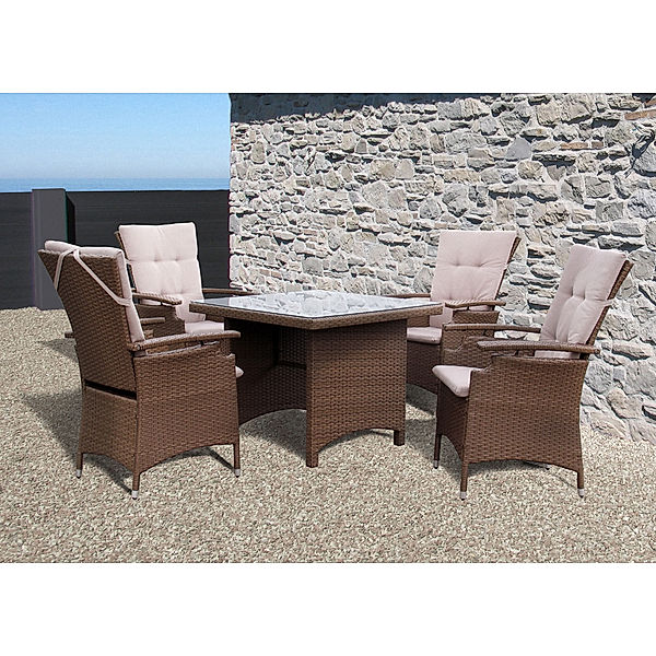 Famous Home 9tlg Polyrattan Set Tisch 90x90cm  Gartenmöbel Essgruppe Sitzgarnitur