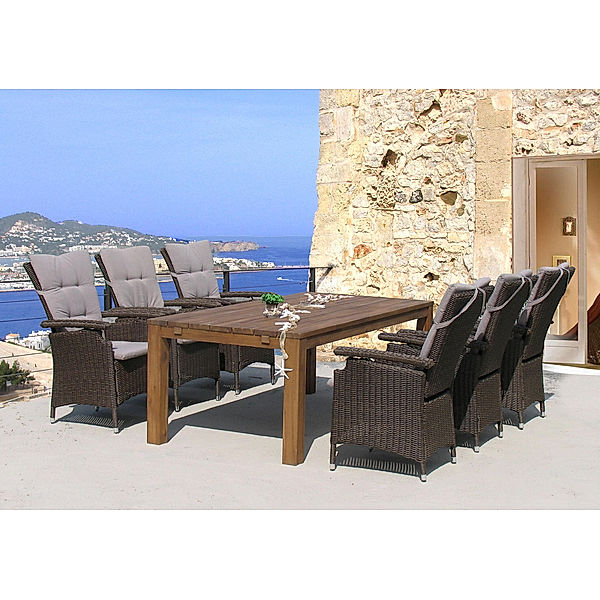 Famous Home Rattan Sitzgruppe 13tlg mit Holztisch  200x100cm Essgruppe Sitzgarnitur Ibiza