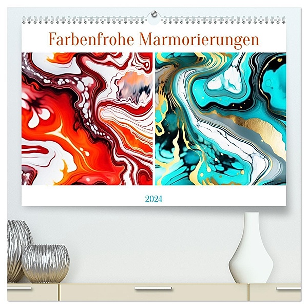Farbenfrohe Marmorierungen (hochwertiger Premium Wandkalender 2024 DIN A2 quer), Kunstdruck in Hochglanz, Calvendo, Martina Marten
