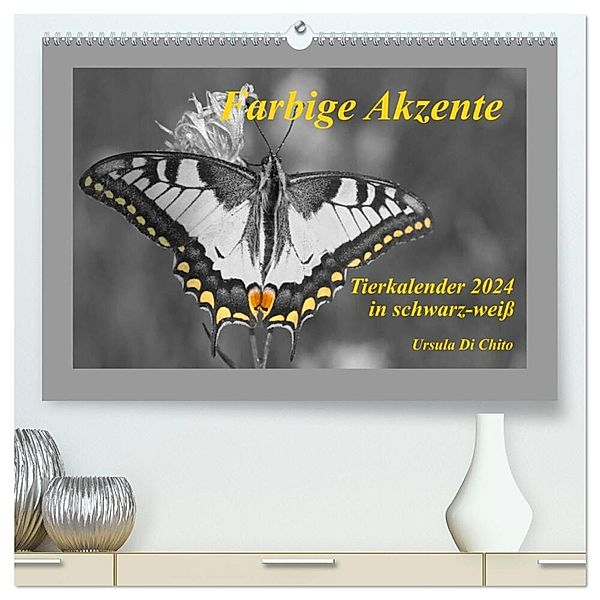 Farbige Akzente - Tierkalender 2024 in schwarz-weiß (hochwertiger Premium Wandkalender 2024 DIN A2 quer), Kunstdruck in Hochglanz, Ursula Di Chito