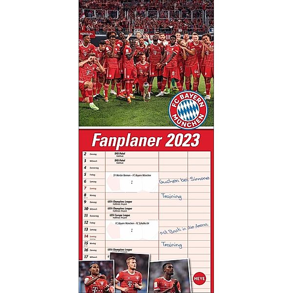 FC Bayern München Fanplaner. Wandkalender für Fans von Bayern München. Partnerplaner 2023 mit drei Spalten. Wandkalender