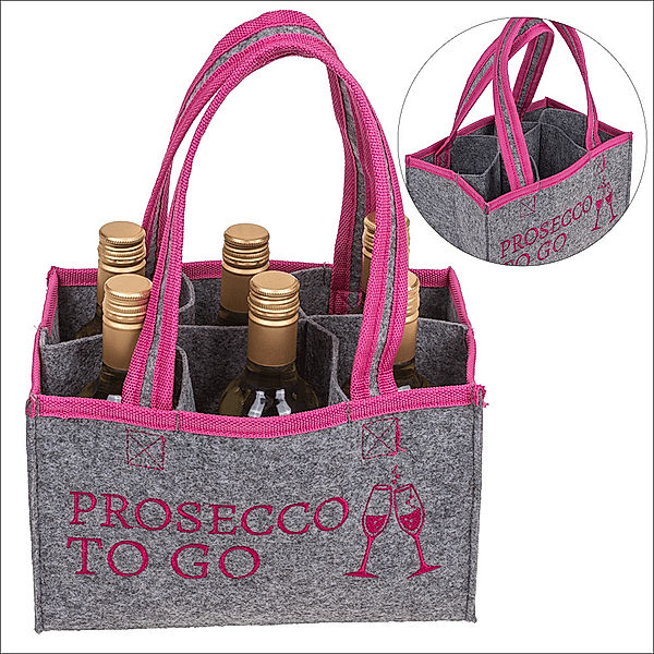 Filztasche grau Prosecco to Go, ca. 23 x 14,5 cm, 6 Fächer