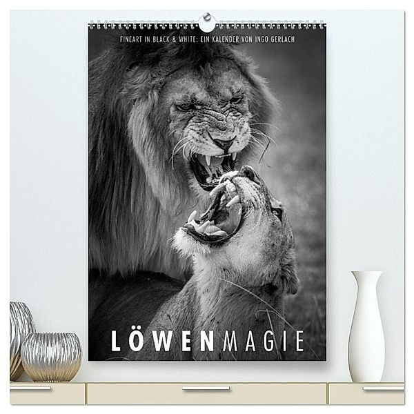 FineArt in Black and White: Löwenmagie (hochwertiger Premium Wandkalender 2024 DIN A2 hoch), Kunstdruck in Hochglanz, Ingo Gerlach