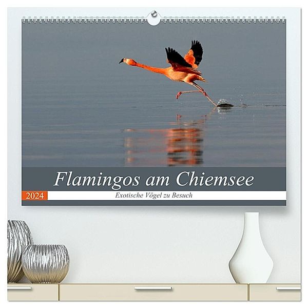 Flamingos am Chiemsee (hochwertiger Premium Wandkalender 2024 DIN A2 quer), Kunstdruck in Hochglanz, J. R. Bogner