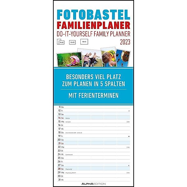 Foto-Bastel-Familienplaner 2023 - Bastelkalender zum Aufhängen - 19,5x45 cm - datiert - mit 5 Spalten - Fotokalender - F