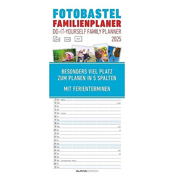Foto-Bastel-Familienplaner 2025 - Bastelkalender zum Aufhängen - 19,5x45 cm - datiert - mit 5 Spalten - Fotokalender - Familienkalender - Wandkalender