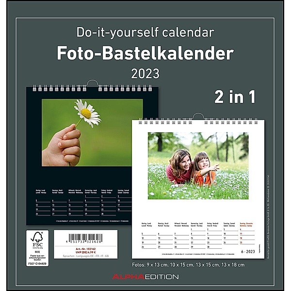 Foto-Bastelkalender 2023 - 2 in 1: schwarz und weiss - Do it yourself calendar 21x22 cm - datiert - Foto-Kalender - Alph