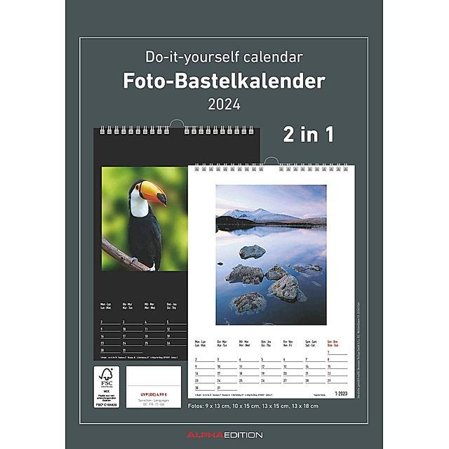 Foto-Bastelkalender 2024 - 2 in 1: schwarz und weiss - 21 x 29,7 - Do it  yourself calendar A4 - datiert - Foto-Kalender - Kalender bestellen
