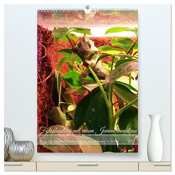 Fotoshooting mit einem Jemenchamäleon (hochwertiger Premium Wandkalender 2024 DIN A2 hoch), Kunstdruck in Hochglanz, Katharina Stachanczyk