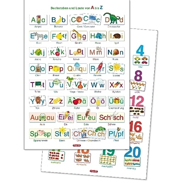 Fragenbär-Lernposter, Buchstaben und Laute von A bis Z (Hochformat) + Zahlen und Mengen von 1 bis 20 (Hochformat), 2 Pos