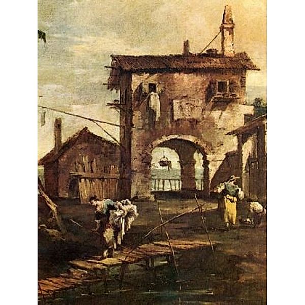 Francesco Guardi - Capriccio, Baufällige Kirche, Bauernhaus und Figuren an einem Fluß der Lagune - 100 Teile (Puzzle)