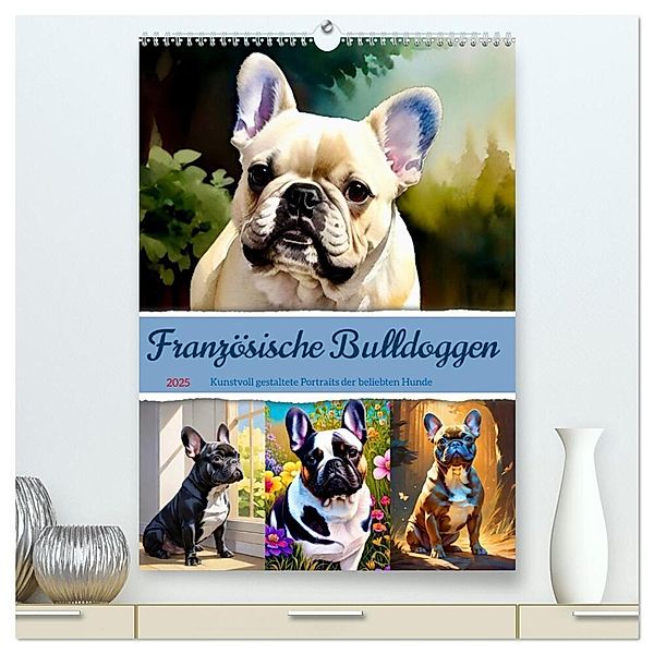 Französische Bulldoggen. Kunstvoll gestaltete Portraits (hochwertiger Premium Wandkalender 2025 DIN A2 hoch), Kunstdruck in Hochglanz, Calvendo, Steffani Lehmann