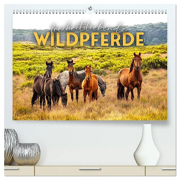 Freiheitsliebende Wildpferde (hochwertiger Premium Wandkalender 2024 DIN A2 quer), Kunstdruck in Hochglanz, Happy Monkey