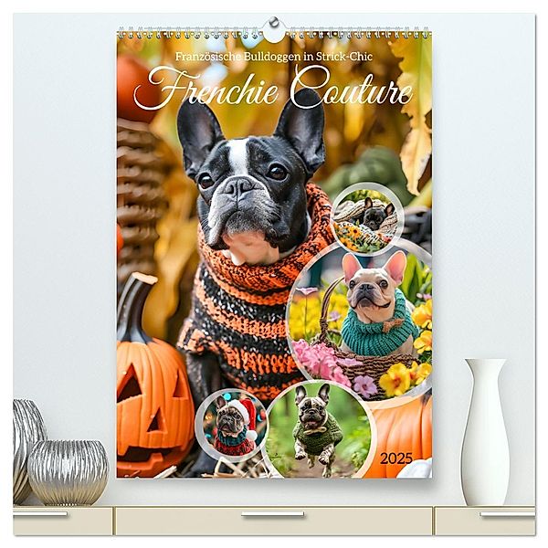 Frenchie Couture - Französische Bulldoggen in Strick-Chic (hochwertiger Premium Wandkalender 2025 DIN A2 hoch), Kunstdruck in Hochglanz, Calvendo, Anja Frost