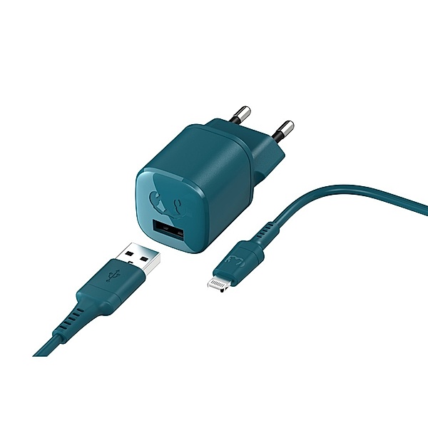 Fresh 'n Rebel USB-A Mini Charger 12W + Apple Lightning Kabel 1,5m, Petrol Blue