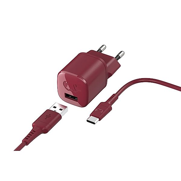 Fresh 'n Rebel USB-A Mini Charger 12W + USB-C Kabel 1,5m, Ruby Red