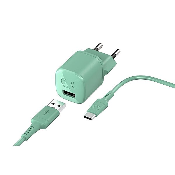 Fresh 'n Rebel USB-A Mini Charger 12W + USB-C Kabel 1,5m, Misty Mint