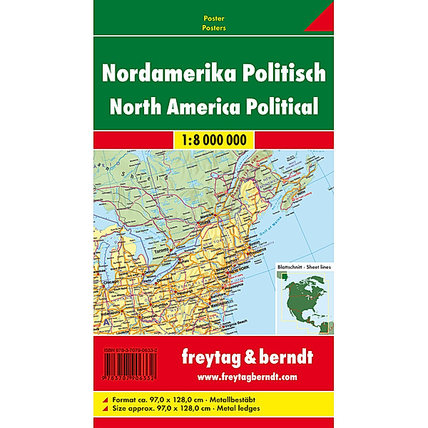 Freytag & Berndt Poster Nordamerika, physisch-politisch, mit Metallstäben
