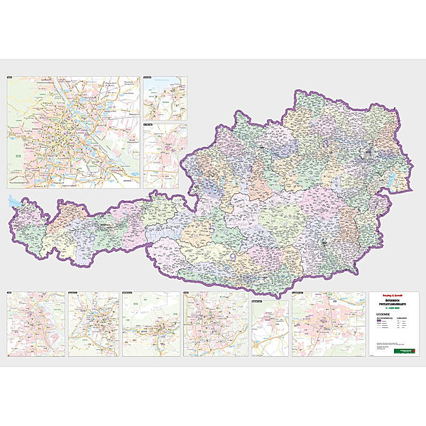 Freytag & Berndt Poster Österreich / Austria Post Codes, Postleitzahlen, mit Metallstäben