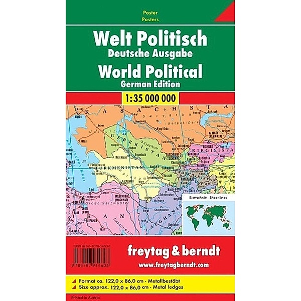 Freytag & Berndt Poster Welt, politisch, mit Metallstäben; World, political